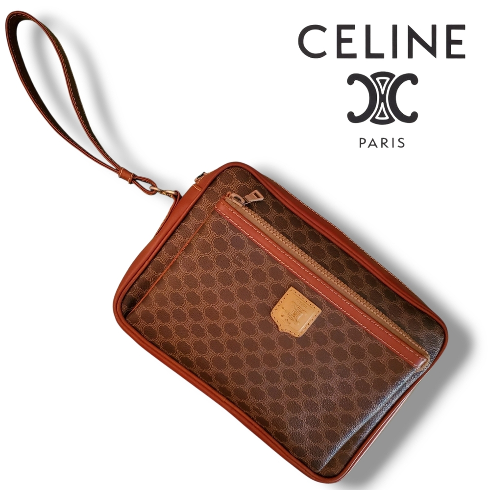 Vintage Celine Y2K Brown Monogram Clutch featuring Gold Hardware & Leather Strap - Picture 4 of 15